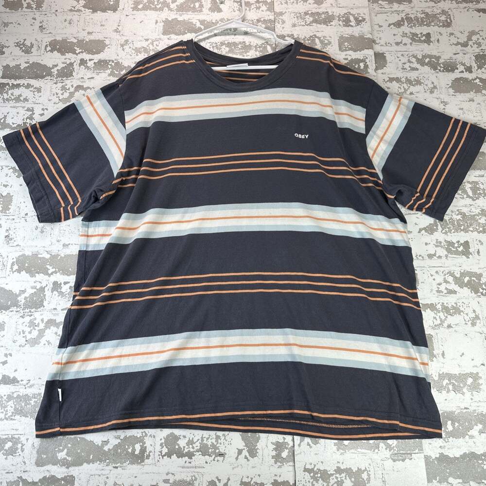 OBEY Men's Navy Orange Striped Logo Crew Neck Short Sleeve Cotton Knit Tee 2XL